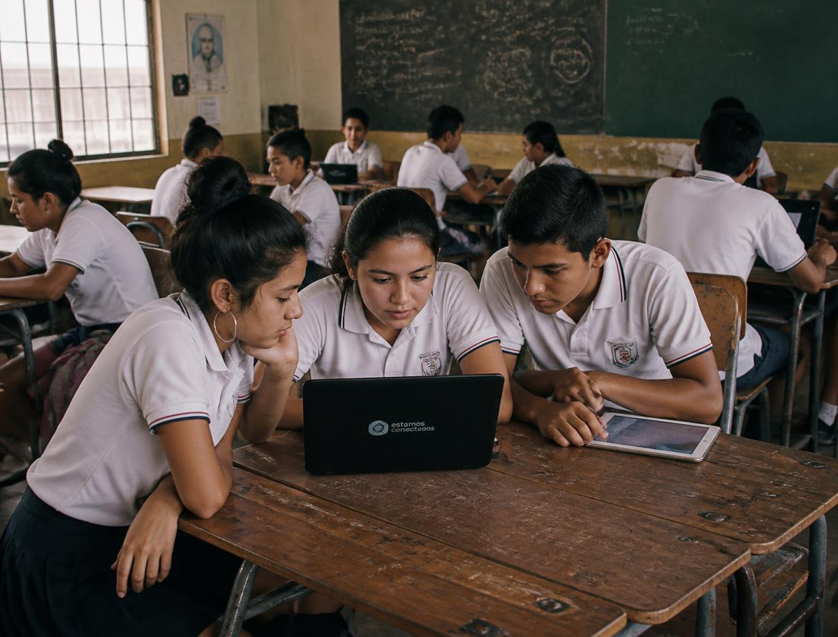Estudiantes de secundaria compartiendo una laptop en un aula pública latinoamericana