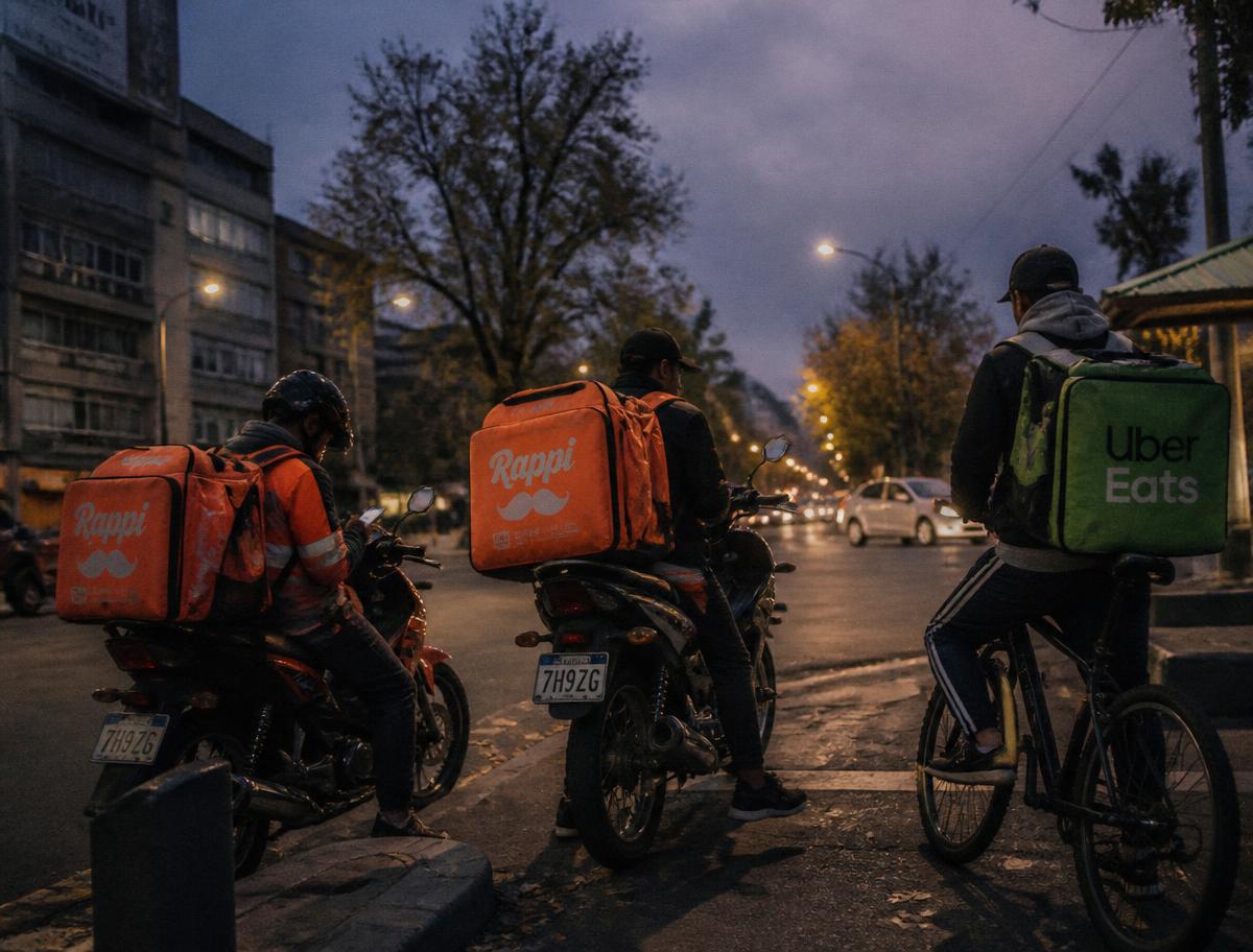 Repartidores de plataformas digitales esperando pedidos en una avenida al anochecer
