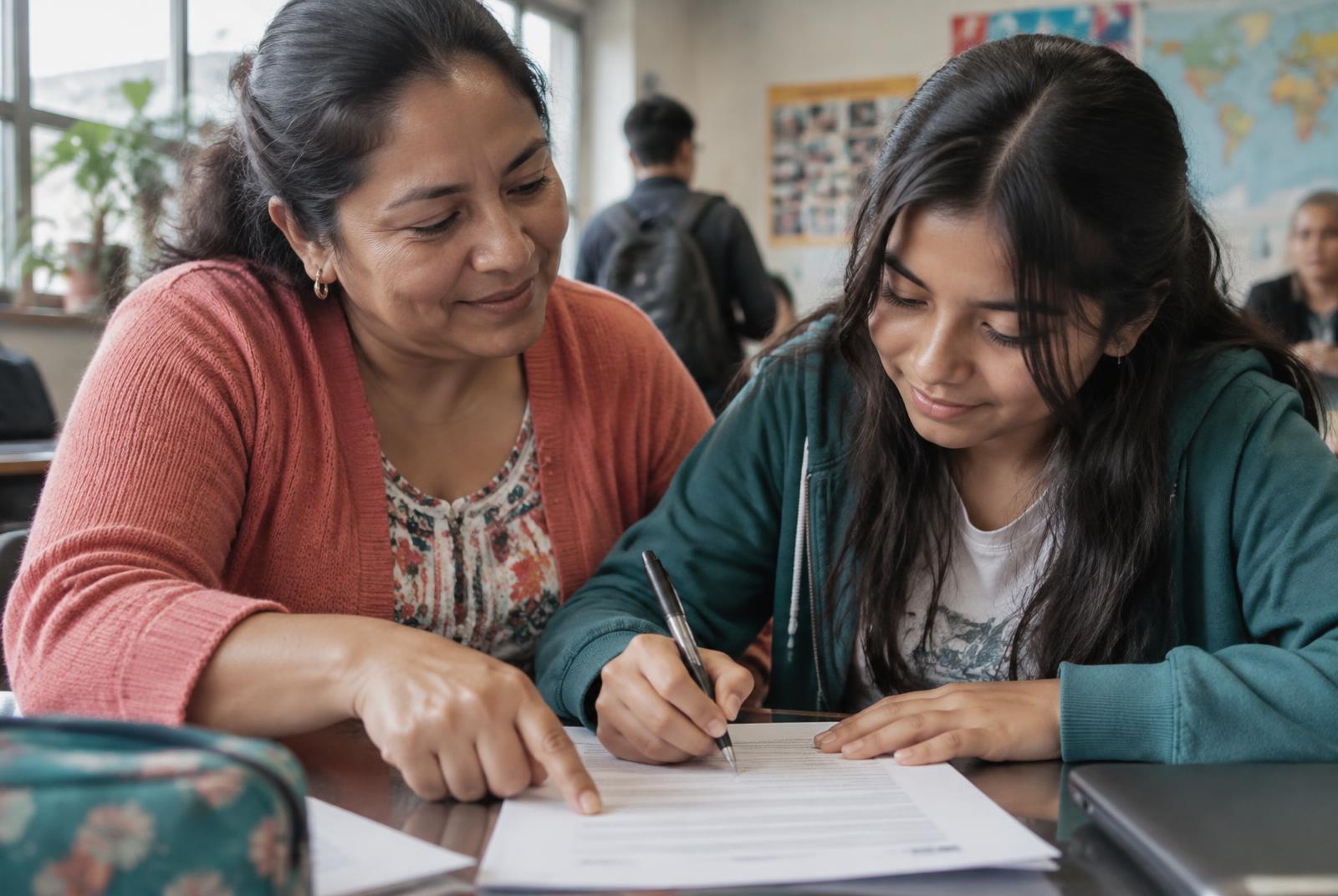 Madre e hija revisando juntas un acuerdo familiar