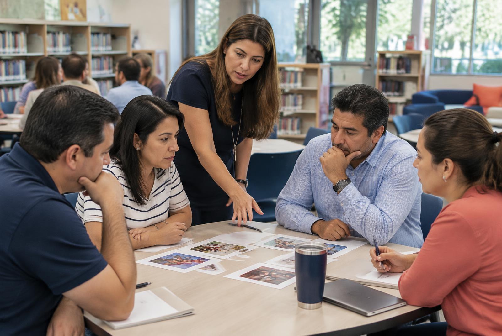 Familias trabajando con una facilitadora durante un taller escolar