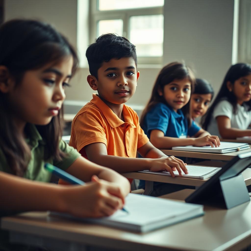 Estudiantes de primaria en un aula latinoamericana trabajando con cuadernos y una tablet