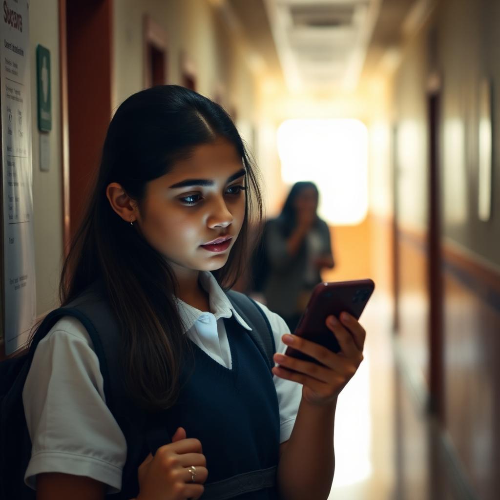 Estudiante de secundaria en el pasillo de su escuela mirando un teléfono móvil
