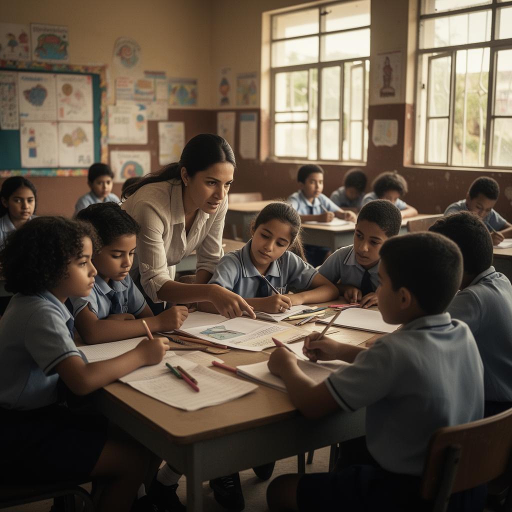 Maestra y estudiantes de un colegio latinoamericano trabajando juntos alrededor de una mesa