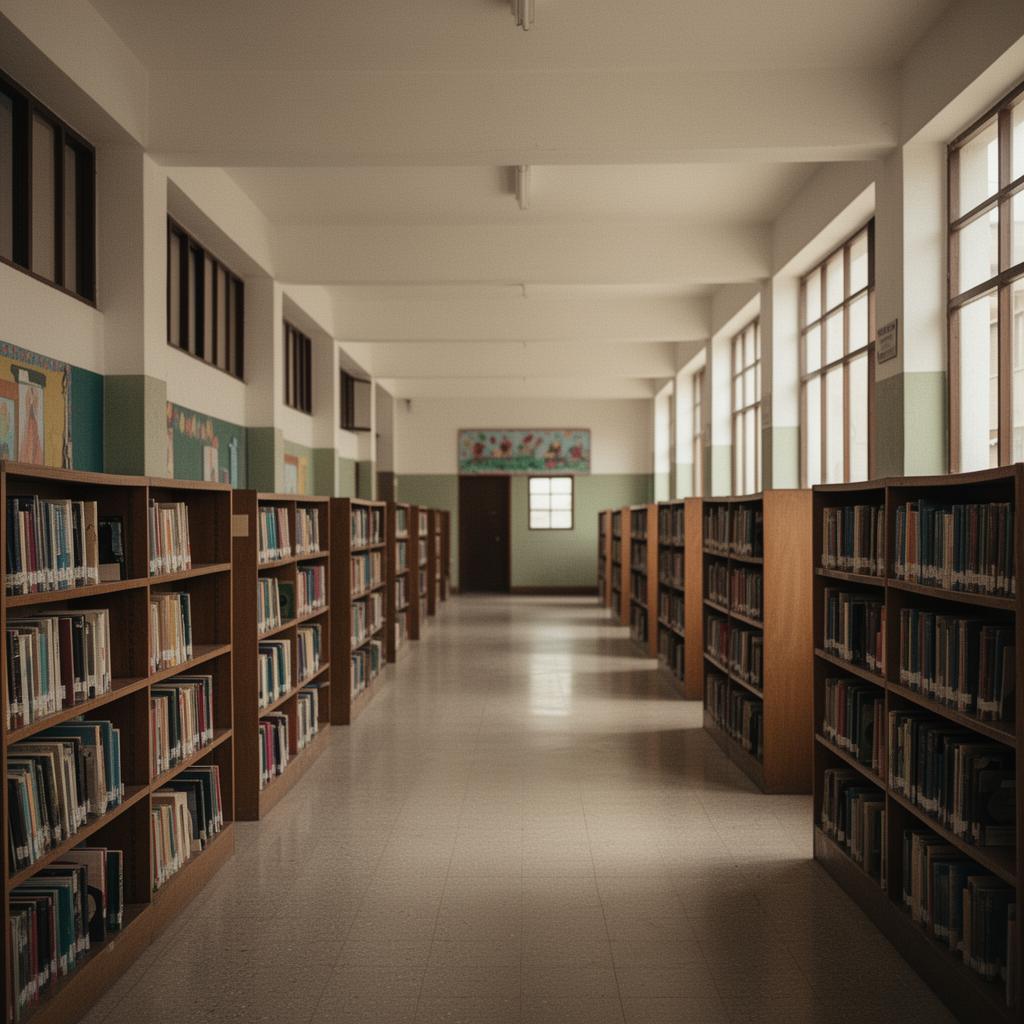 Biblioteca escolar latinoamericana con estanterías ordenadas y luz natural