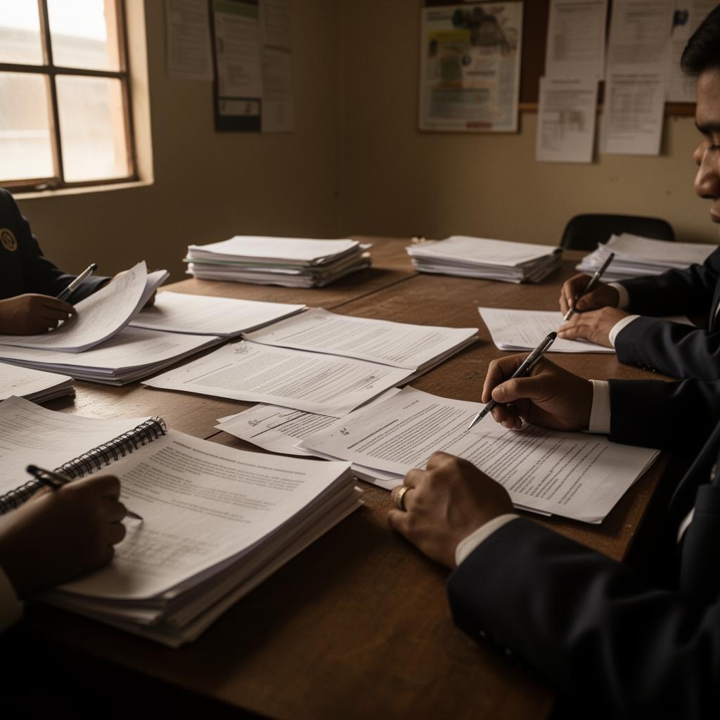 Mesa de reuniones de dirección escolar latinoamericana con documentos y notas
